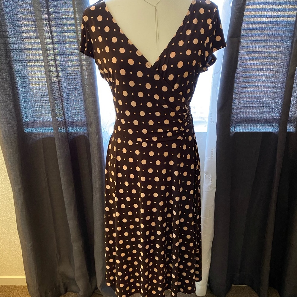 Dressbarn • Brown & Pink Polka Dot Dress